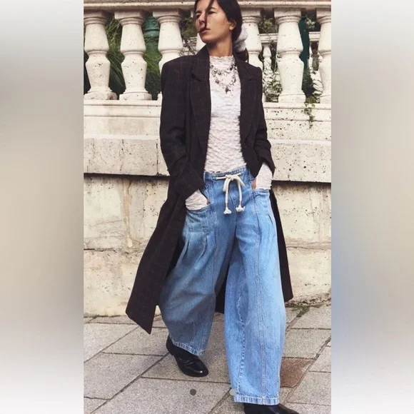 Free People Margo Barrel Pull On Jeans We The Free Rope Tie Bergamot Blue - Picture 3 of 7